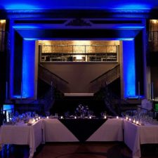 Image of Wedding Reception Grand staircase with blue up lighting prepared for wedding guests at The Allure wedding venue and event center